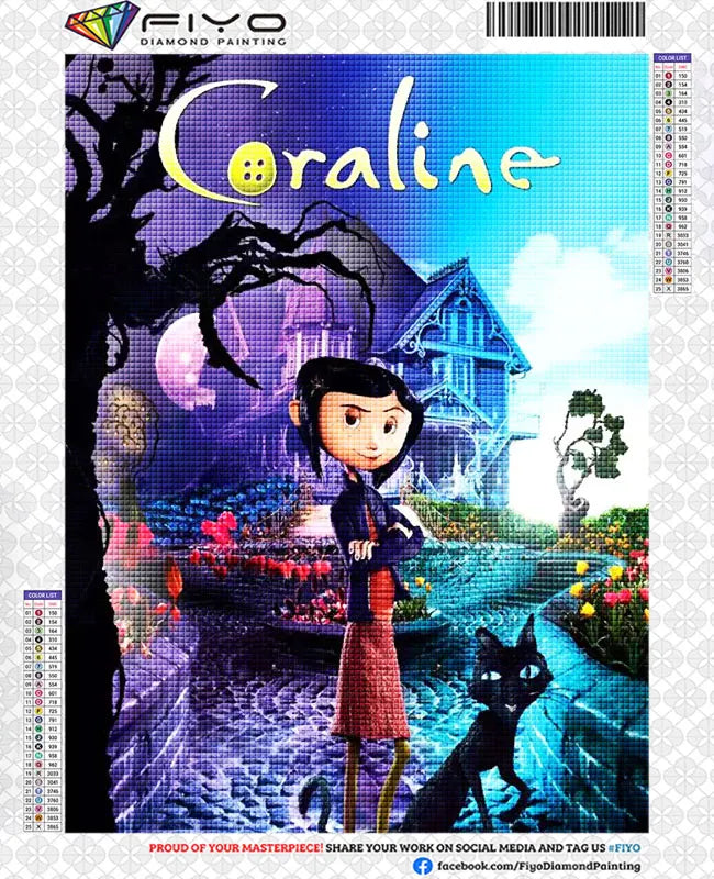 Diamantmalerei mit Porträt eines Mädchens namens Caroline in einer dunklen, magischen Waldszene.