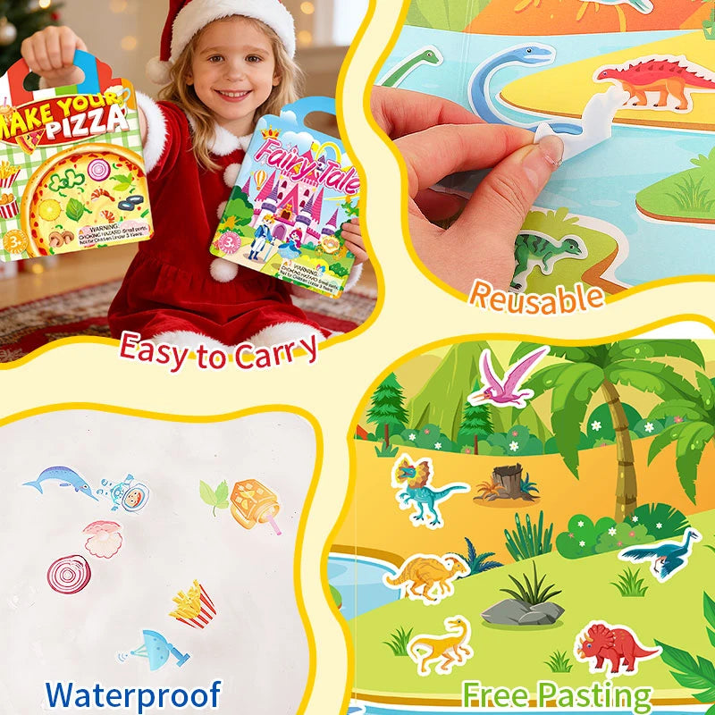 A child holds a colorful reusable jelly sticker book featuring animal and ocean themes, demonstrating its easy to carry and w