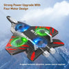 A black and red EPP foam RC stunt plane with four glowing thrusters in flight against a cloudy sky.