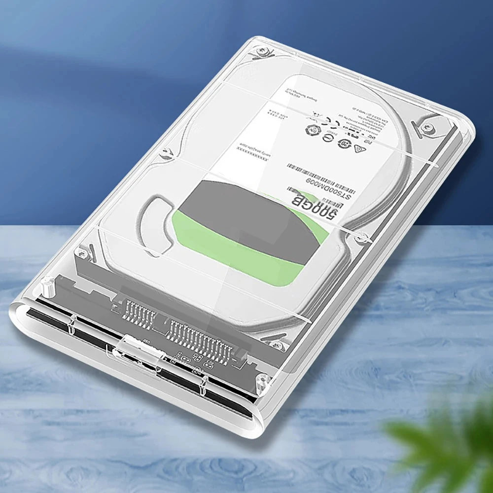 A transparent enclosure for a 2.5-inch hard drive, showing the internal components and a green circuit board.