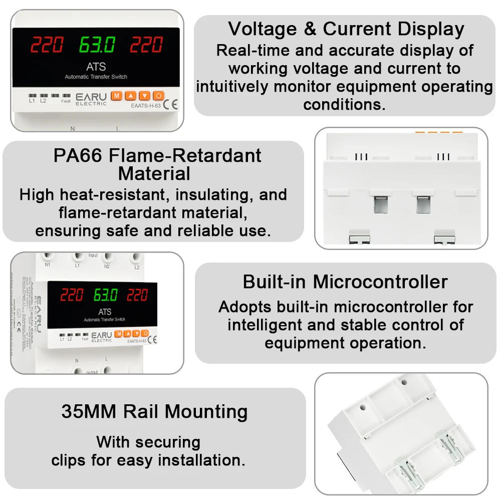 A white dual power automatic transfer switch device with a digital display and rail mounting clips.