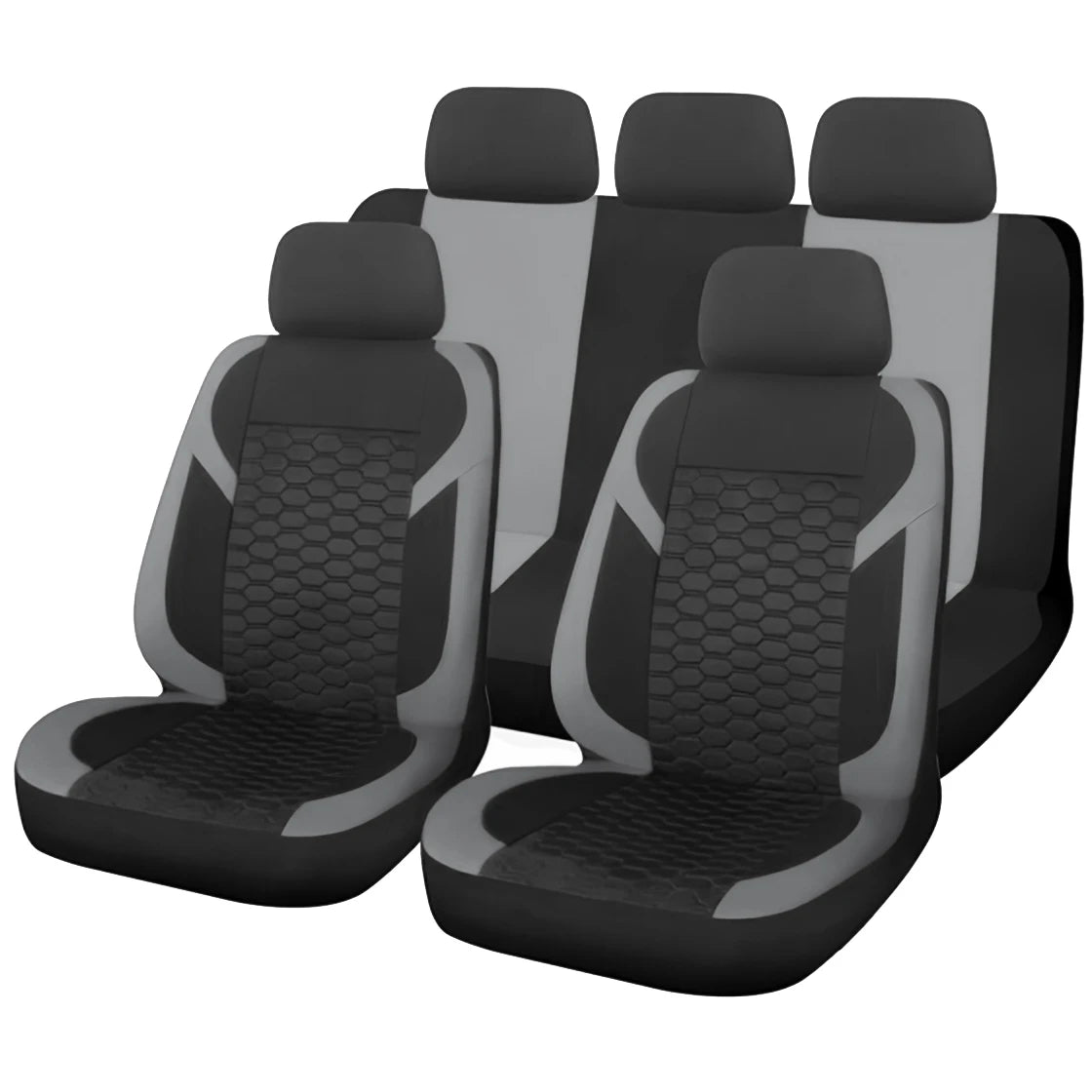 A set of black car seat covers featuring a honeycomb mesh pattern.