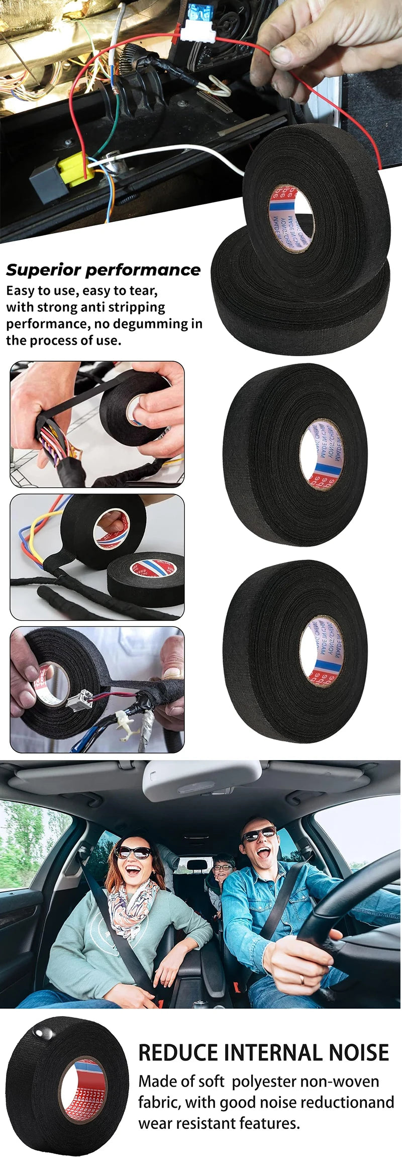 Rouleaux de ruban électrique non tissé noir pour la tresse de fils, utilisés pour l'isolation et la protection.