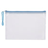 A set of ten white mesh zipper bags for classroom and craft organization.