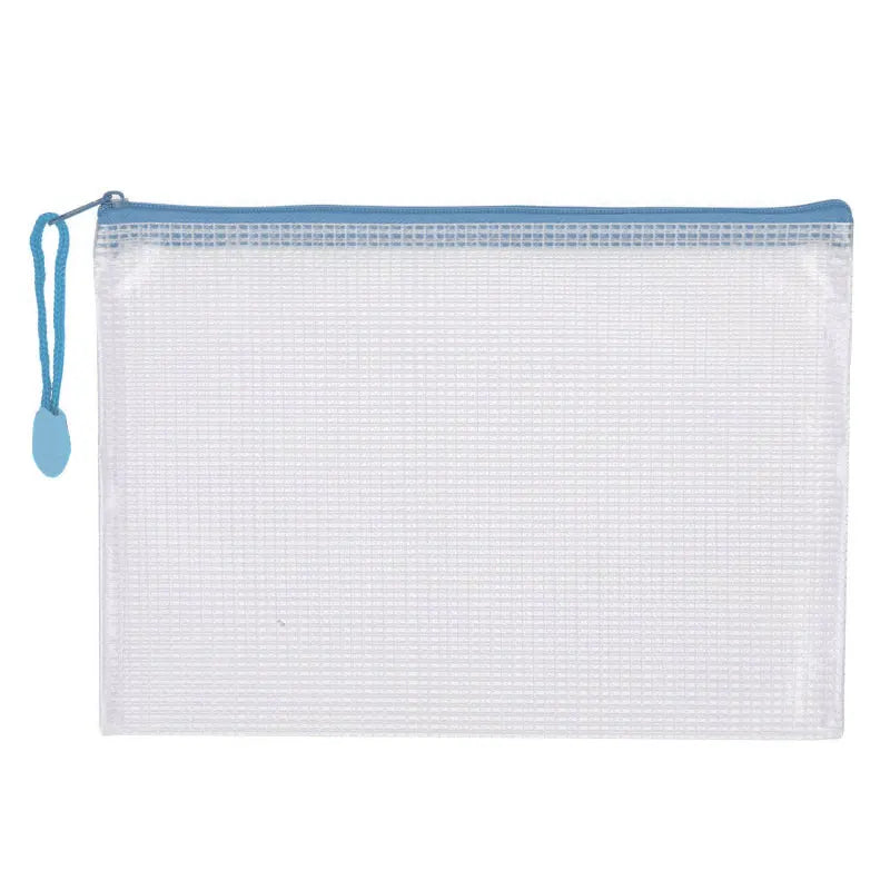 A set of ten white mesh zipper bags for classroom and craft organization.