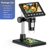 A digital microscope setup showing the main unit, stand, and a circuit board on a black base.