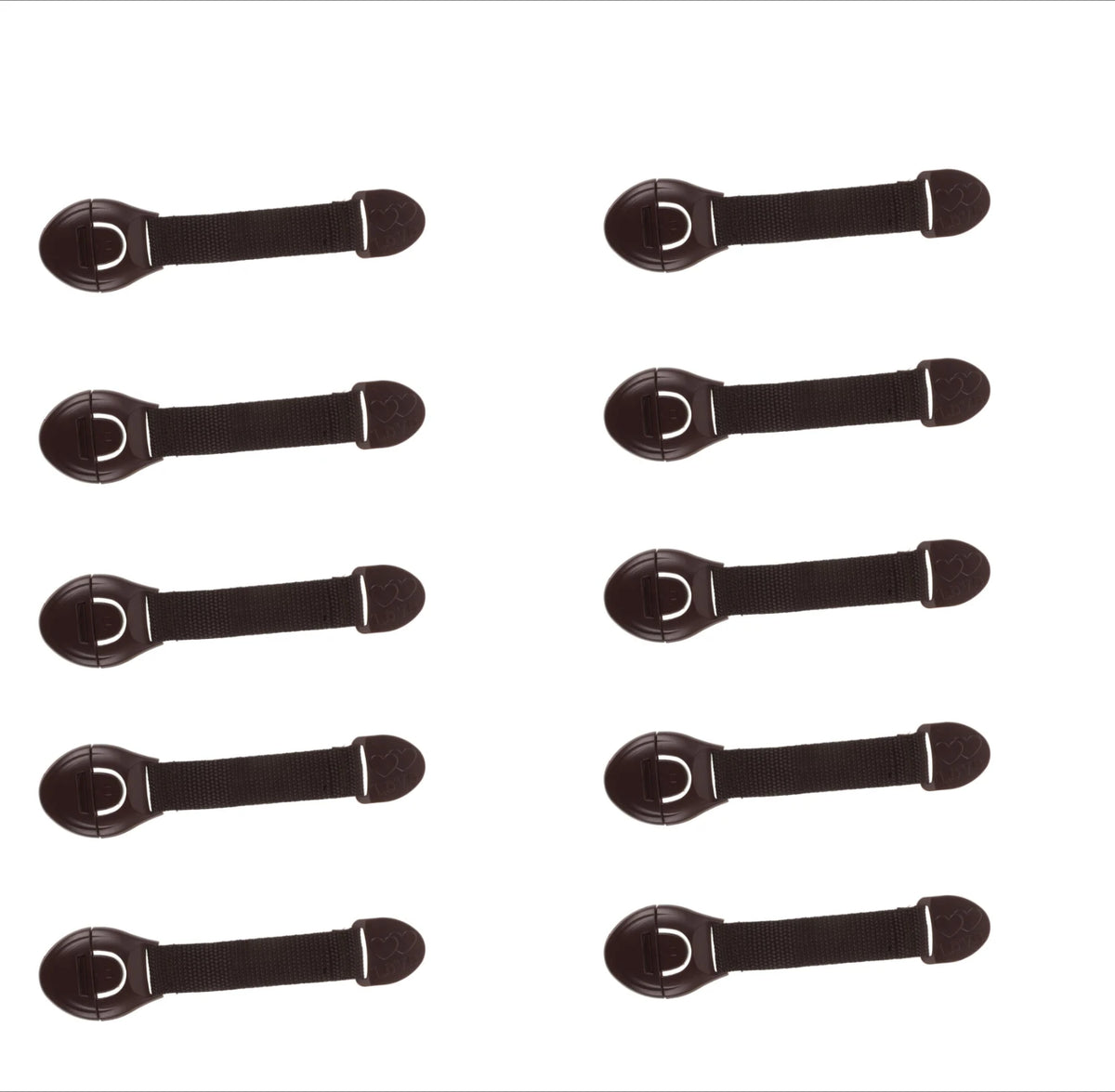 Five black child safety cabinet locks for drawers and doors shown in various orientations.