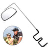 A silver adjustable rearview mirror mounted on a flexible arm, shown alongside a person wearing cycling gear.