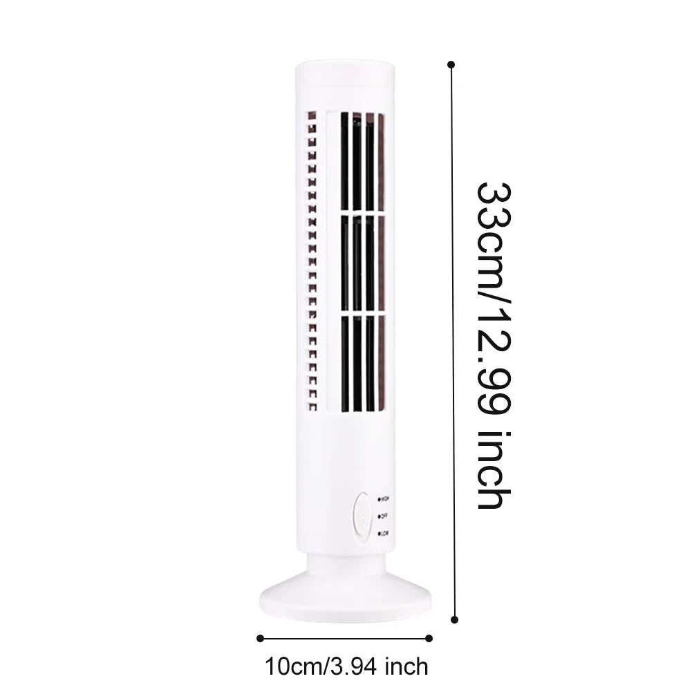 A white compact bladeless tower fan shown in a vertical orientation with dimensions listed.