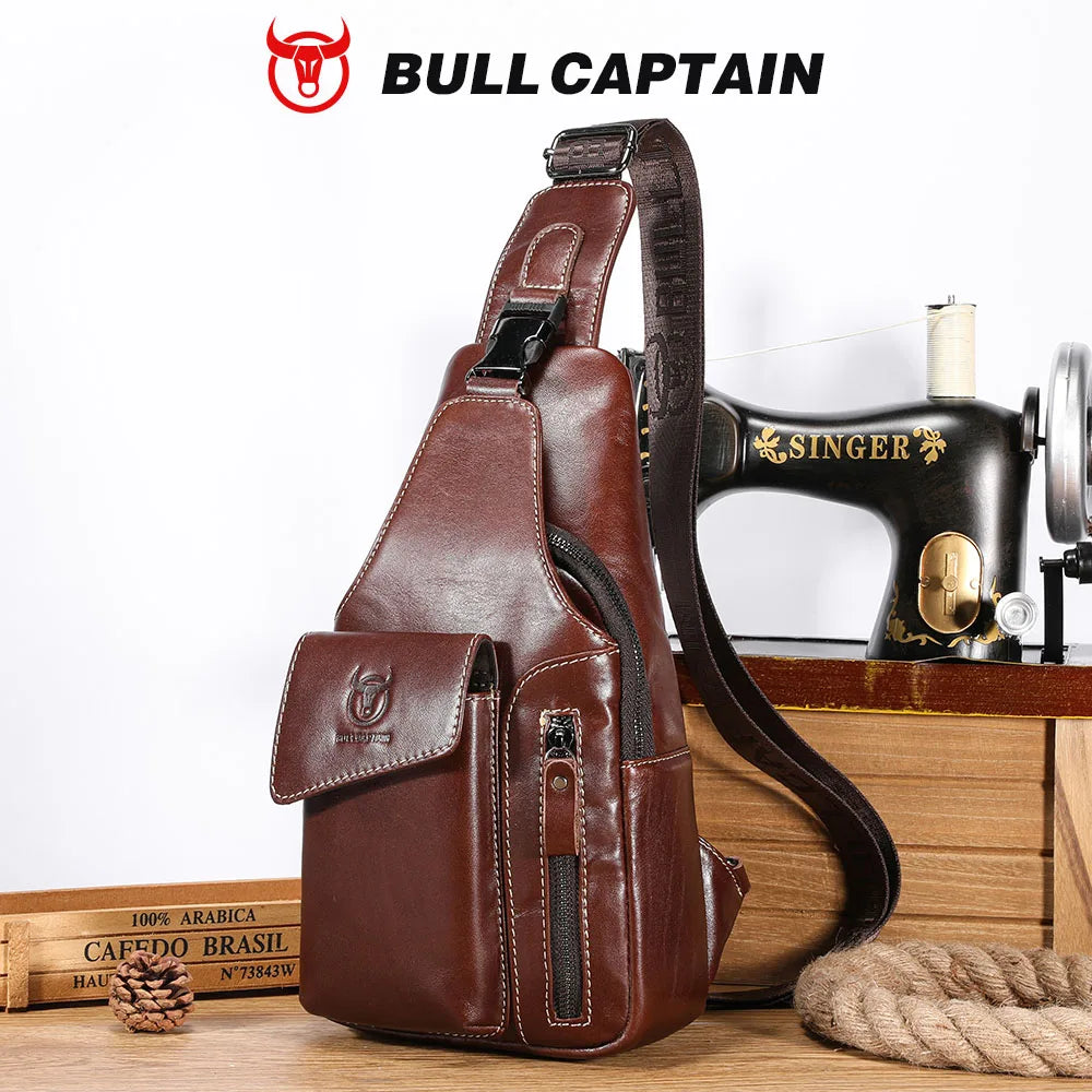 Men's Genuine Leather Sling Backpack with USB Charging Port