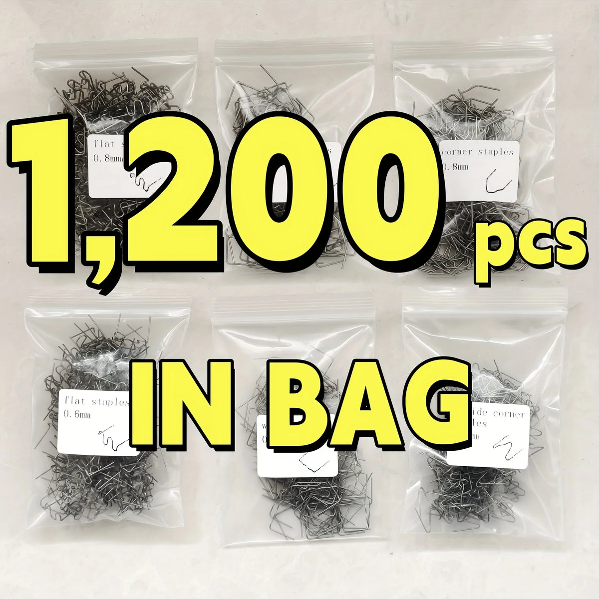 A bag of 1,200 corner staples and flat staples for plastic bumper repair.