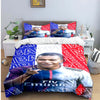 A soccer player graphic duvet cover featuring a smiling man in a blue and white jersey on a red background.