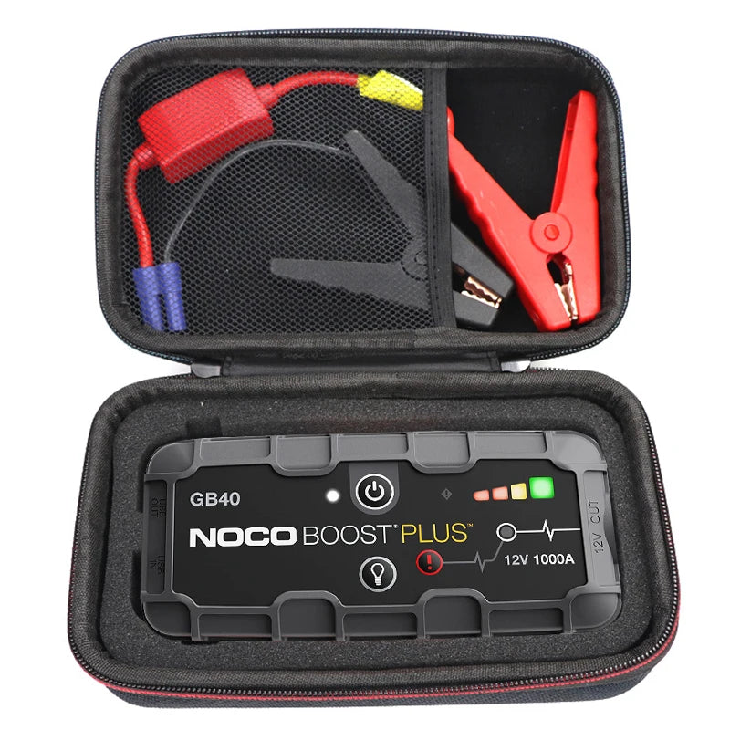 Black carrying case for the NOCO Boost Plus GB40 device with included cables and tools