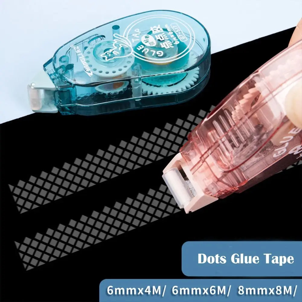 A close-up view of a clear double-sided adhesive tape roller with various sizes shown on a black background.