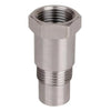 A silver metal oxygen sensor adapter with a threaded top and a cylindrical body.