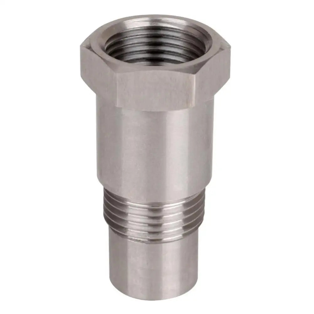 A silver metal oxygen sensor adapter with a threaded top and a cylindrical body.