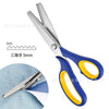 A pair of blue and yellow professional pinking shears with stainless steel blades shown next to a fabric swatch.