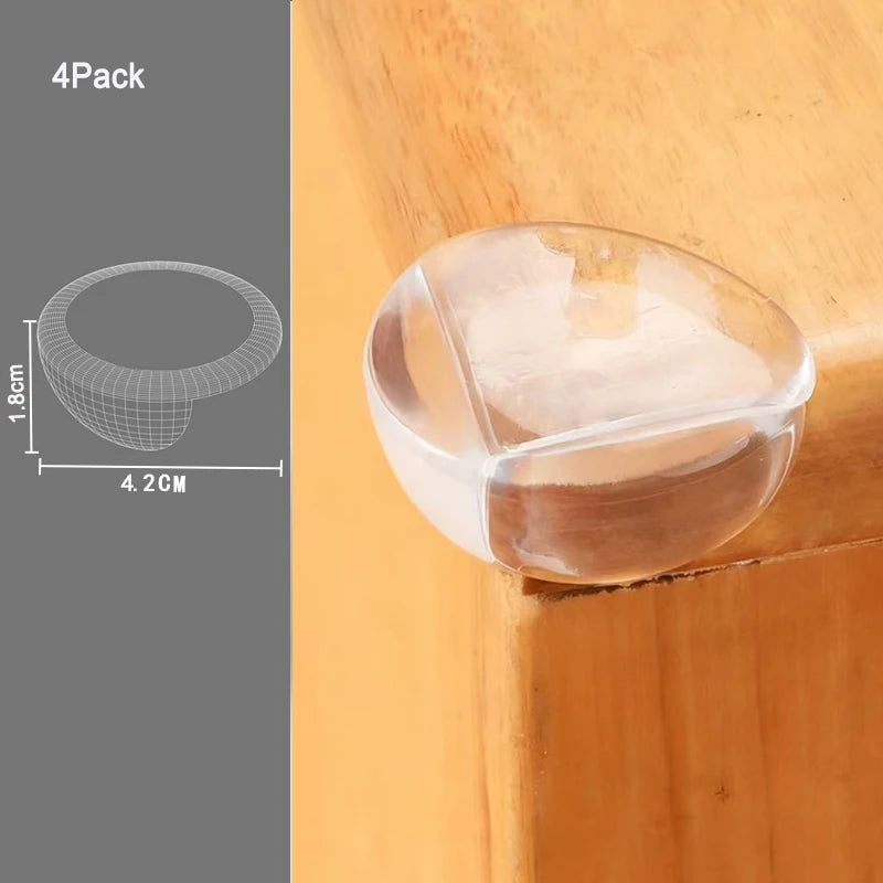 A clear silicone corner edge guard is shown protecting a wooden surface for baby safety.