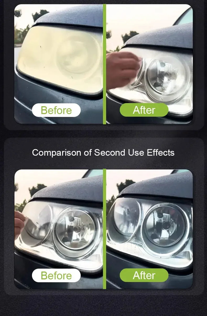 Comparison of headlights before and after restoration polish application.