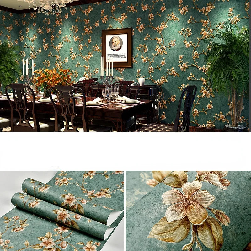 Roll of 3D embossed floral self-adhesive wallpaper featuring green background and light orange flowers