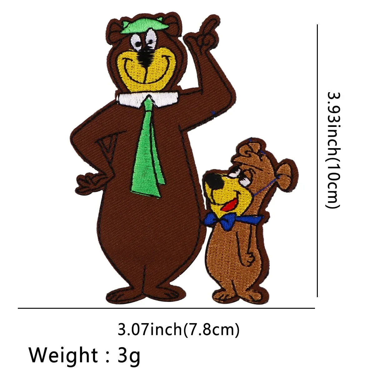 An embroidered patch of a brown bear character with green accents, measuring 3.07 inches wide and 3.93 inches tall.