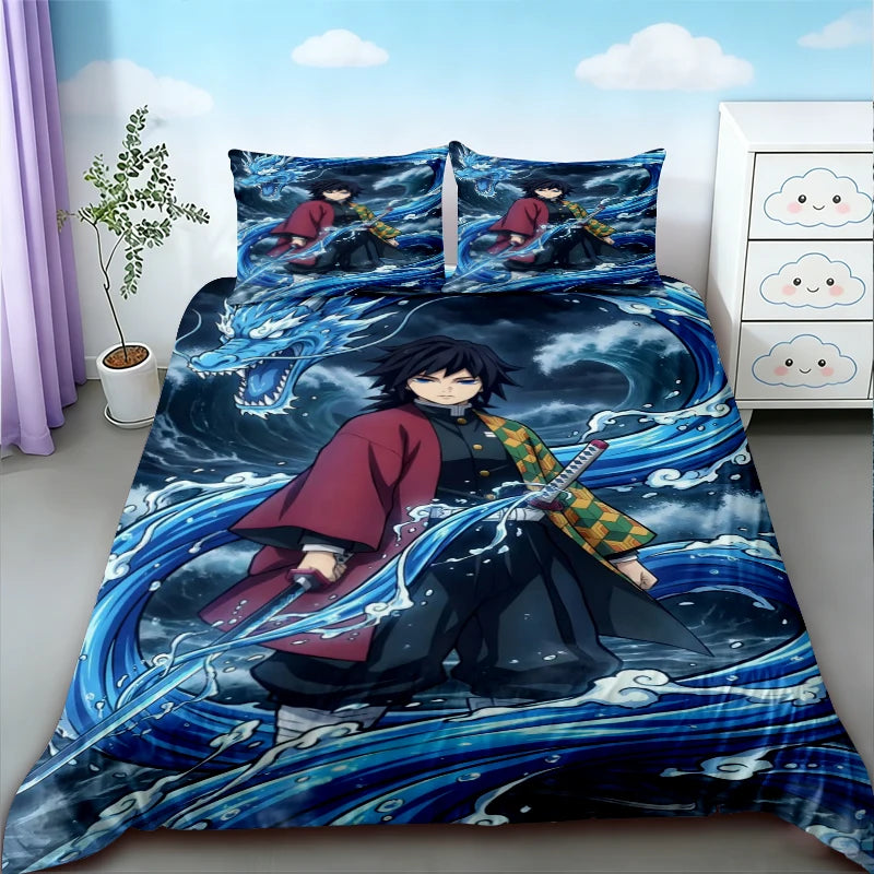 Demon Slayer Nezuko duvet cover set featuring a dark blue and black design with a dragon motif