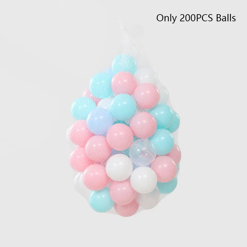 A pile of 200 colorful plastic balls in shades of pink and blue, packaged with white netting.