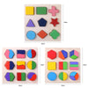 A wooden geometric shape sorting puzzle featuring various colored shapes like squares, triangles, stars, and circles.