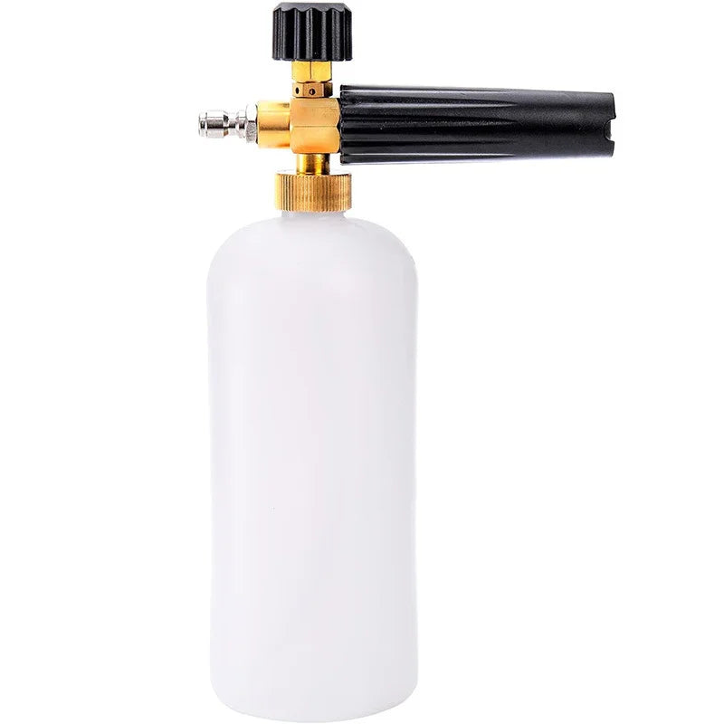 A white high-pressure foam cannon with a black handle and brass fittings.