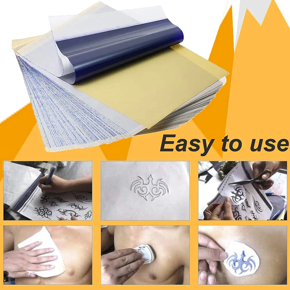 A kit containing skin and thermal transfer paper for tattoo practice, shown alongside stacked paper.