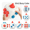 A white 6in1 Busy Cube toy with various colored balls and buttons shown in different configurations.