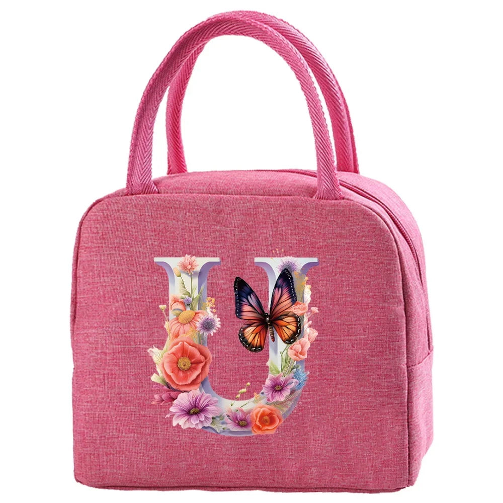 Insulated Canvas Lunch Bag with Butterfly Letter Pattern