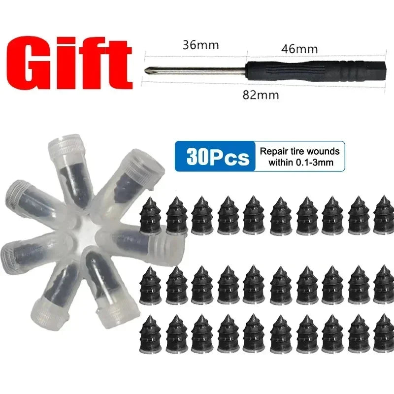 A kit of self-repair rubber tire puncture nails with various sizes and a screwdriver.