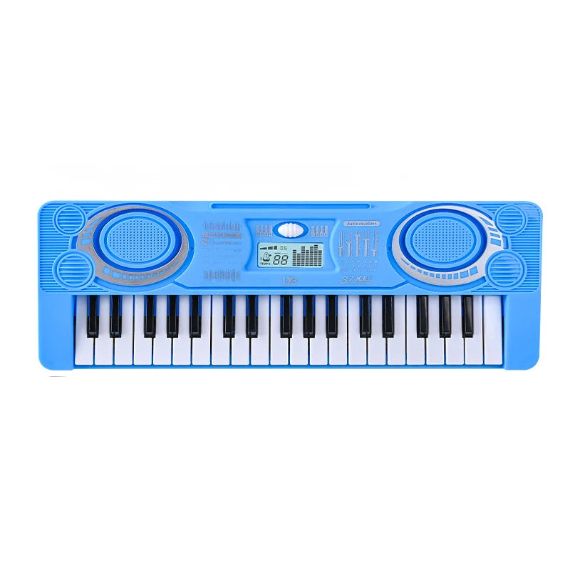 A blue 37-key electronic piano with an LED display and microphone for kids.