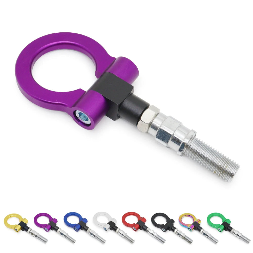 A set of purple and black universal racing tow hooks for Japanese cars