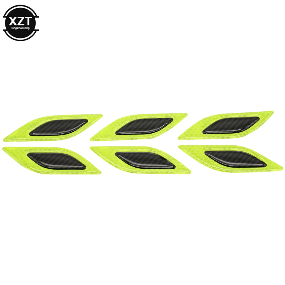 A set of six reflective carbon fiber car styling strips in lime green color.