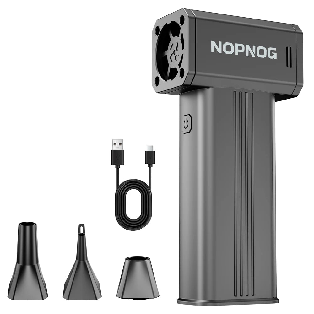A portable turbo air blower in gray with various nozzle attachments shown next to the main unit.