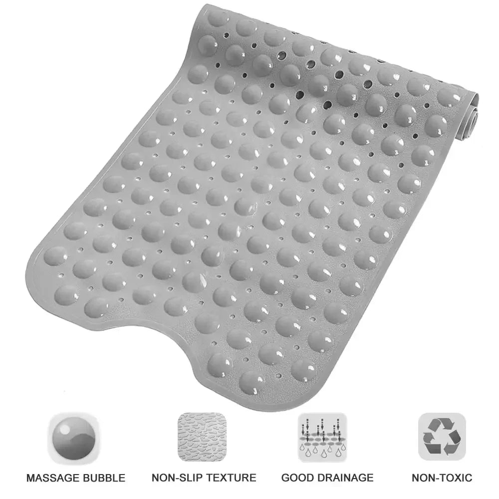 Gray extra long non-slip bathtub mat with suction cups and drain holes