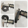 Two industrial-grade ceramic ring magnets are shown with digital calipers measuring their size.
