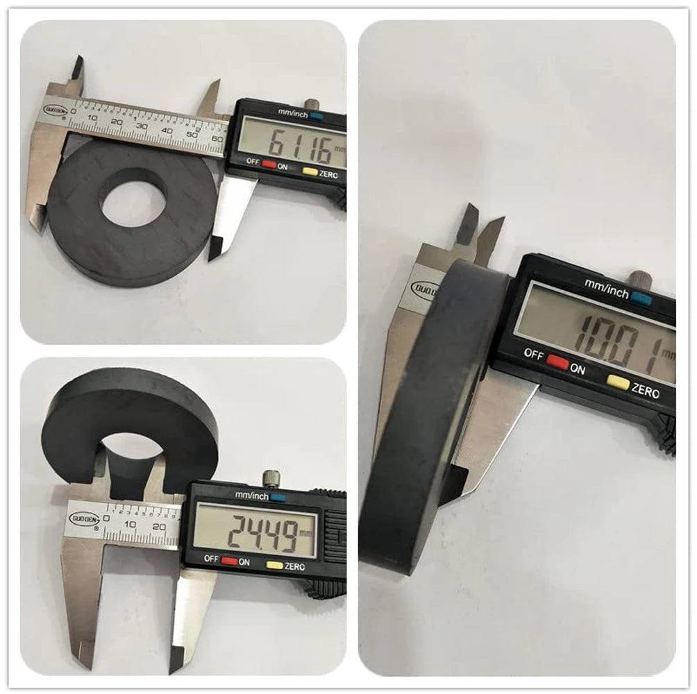 Two industrial-grade ceramic ring magnets are shown with digital calipers measuring their size.