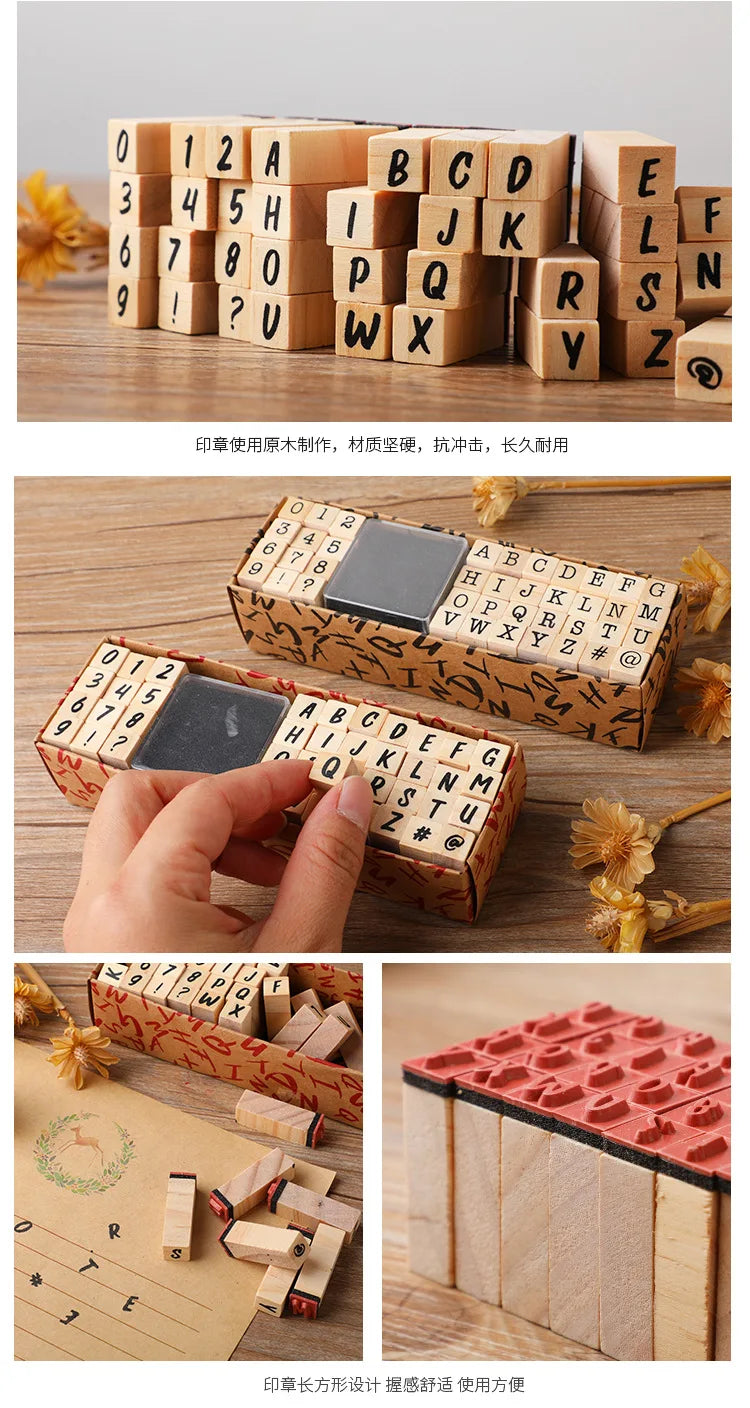 Vintage Wooden Rubber Stamp Set with Ink Pad