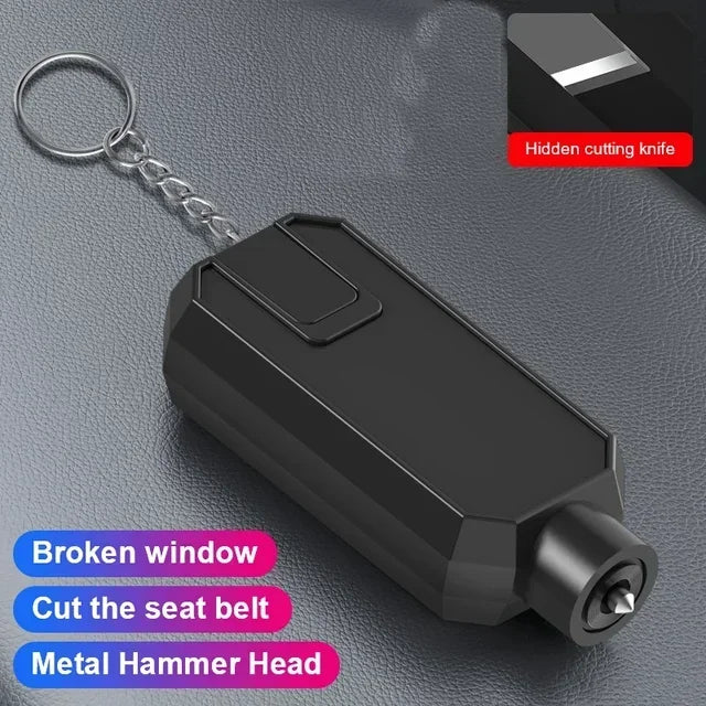 A black emergency car safety hammer with a chain attached, shown next to text describing its functions.