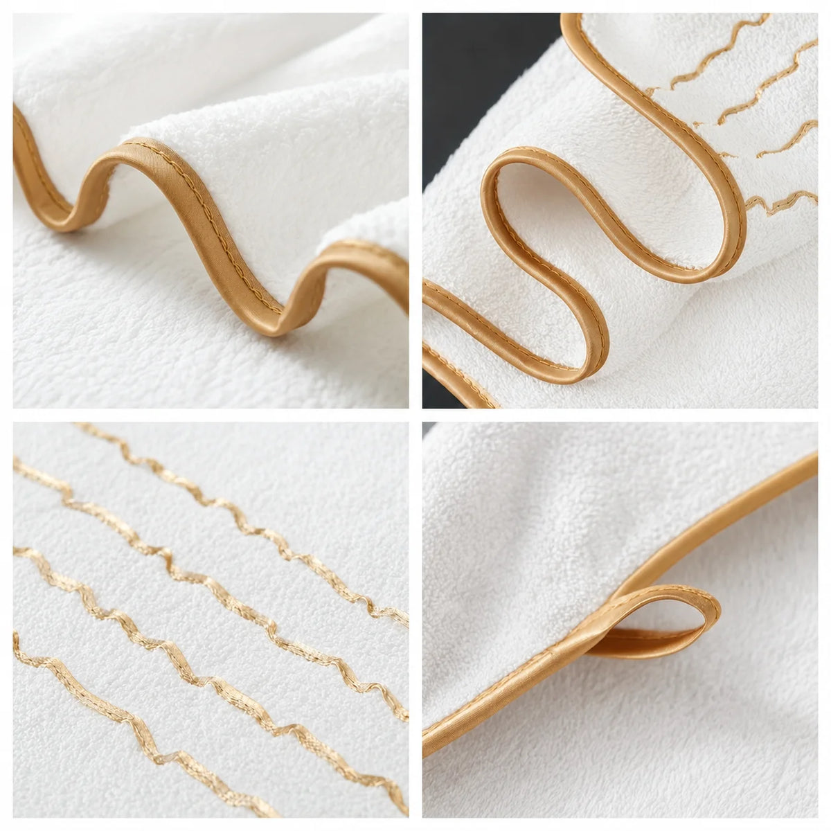 Close-up shots of a gold-striped towel set showing the soft texture and curved edges.
