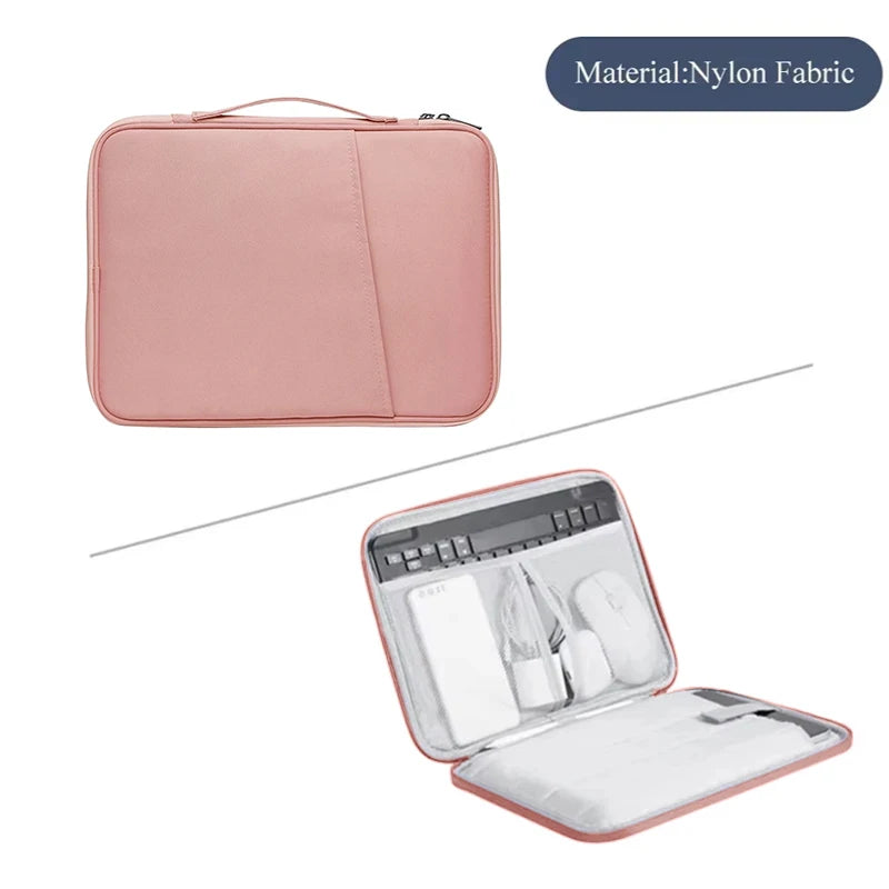 A pink nylon fabric padded laptop sleeve bag with a silver interior lining.