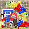 A colorful balloon arch kit featuring black and white cow print balloons in various colors like yellow, green, red, and blue.