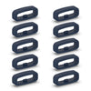 A set of ten dark blue silicone watch strap retainers shown in various angles.