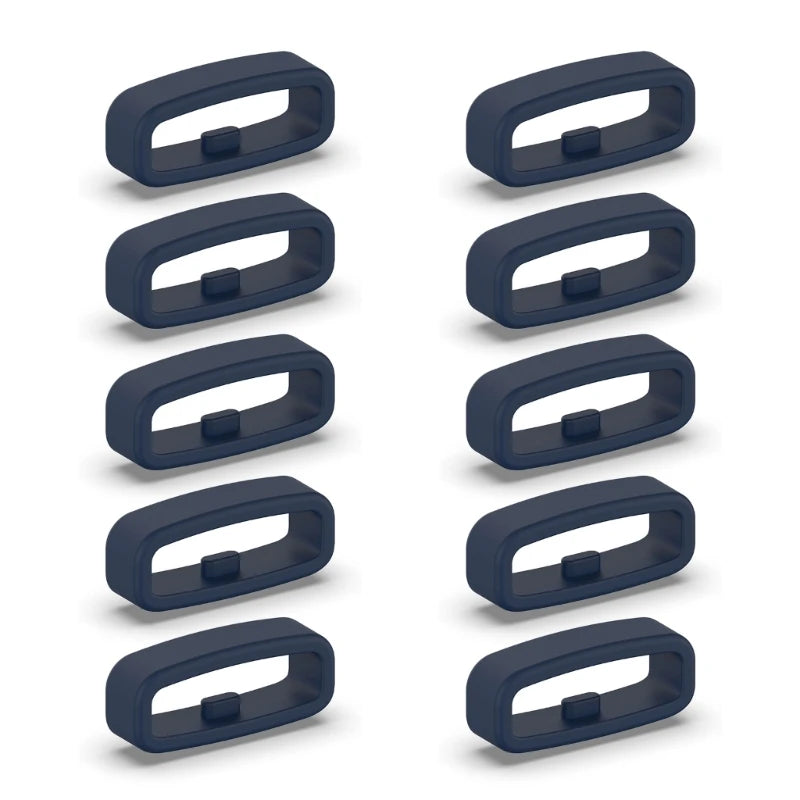 A set of ten dark blue silicone watch strap retainers shown in various angles.
