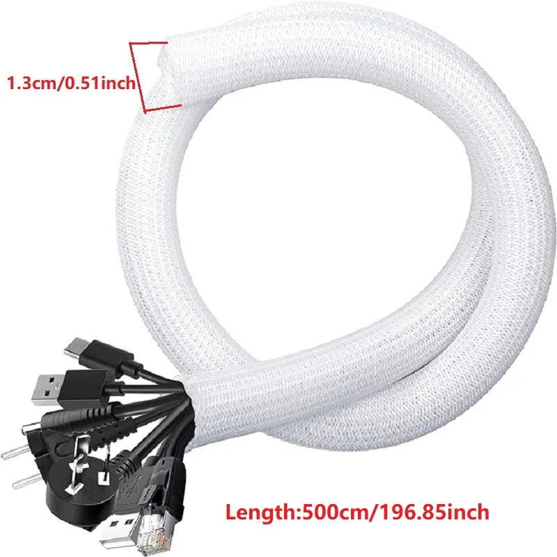 White braided cable sleeve with a 500cm length for desk and home organization