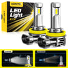 Two silver LED light bulbs are shown next to their packaging and a comparison with a halogen bulb.