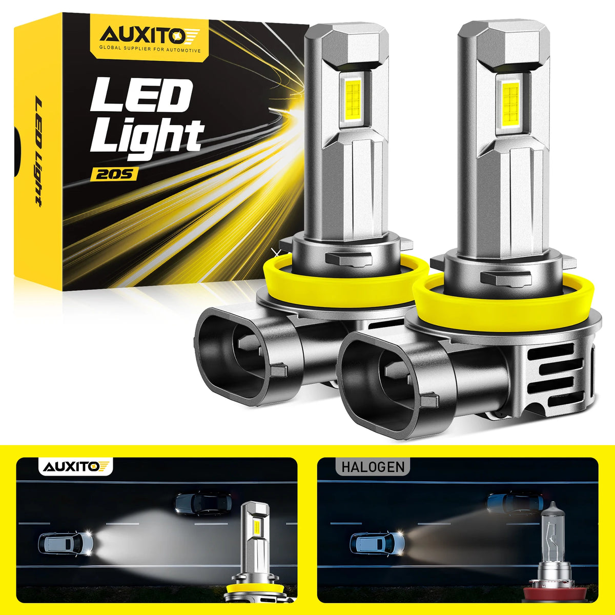 Two silver LED light bulbs are shown next to their packaging and a comparison with a halogen bulb.